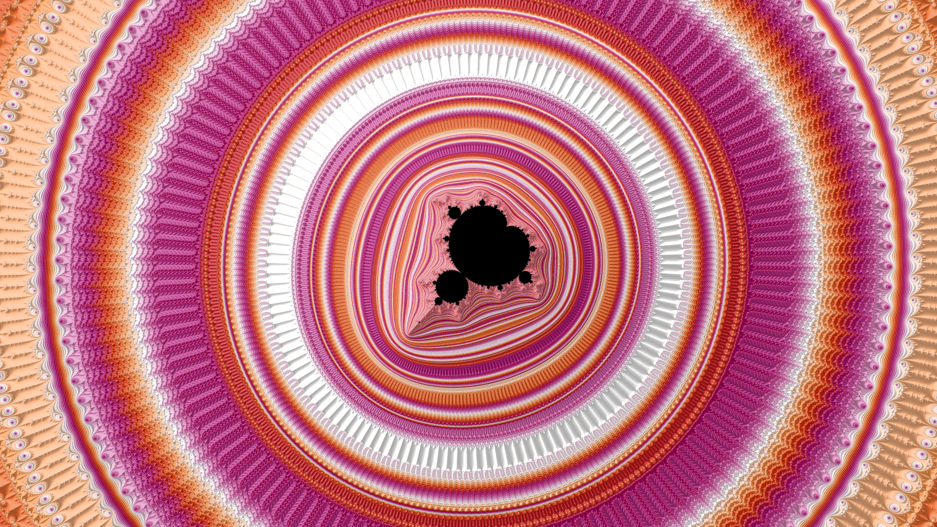 a mandelbrot fractal render with the colors of the lesbian pride flag